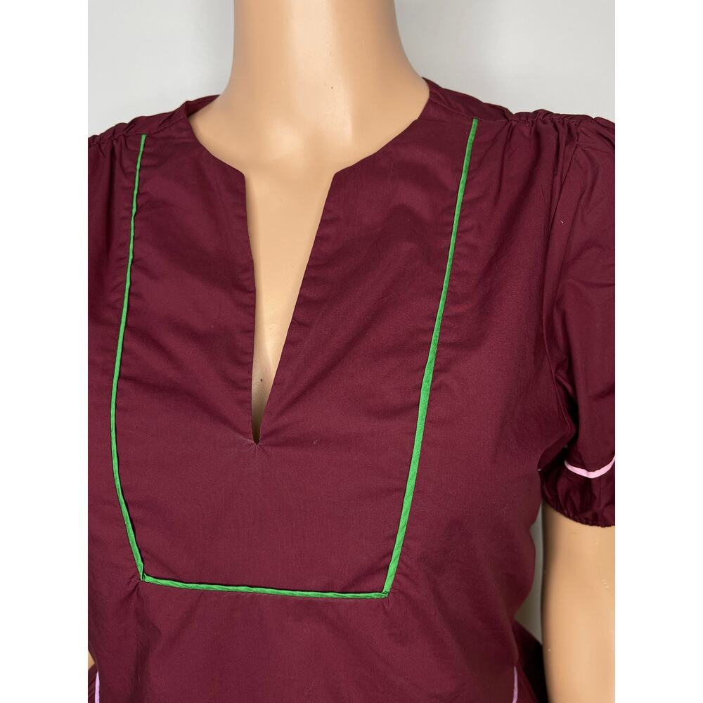 English Factory women’s Piping Detail Top Short Puff Sleeve size XS Burgundy - Picture 4 of 8